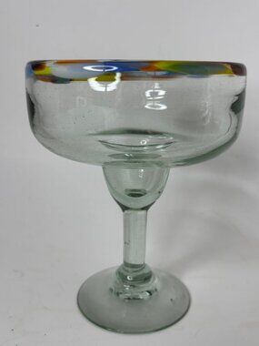 Mexican Hand Blown Large Art Glass Margarita Glass Rainbow Swirl Rim 14 oz